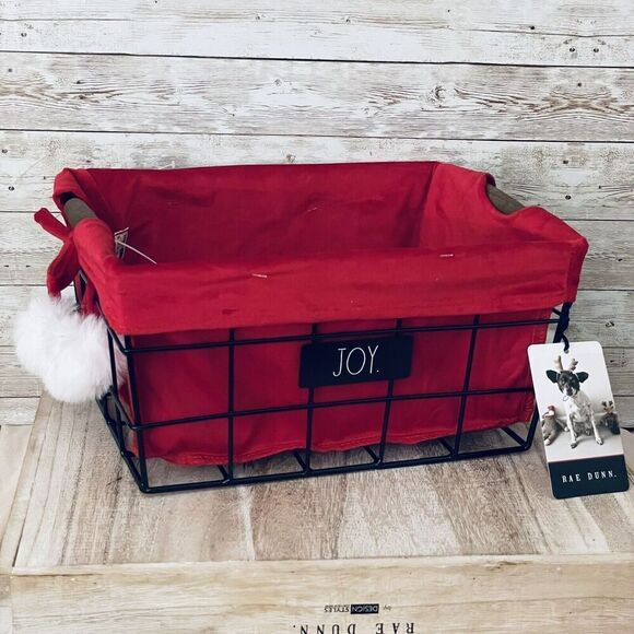 NWT  Rae Dunn "JOY" Wire & Wood Caddy Basket Red Cover Christmas Farmhouse Gift - Picture 1 of 12